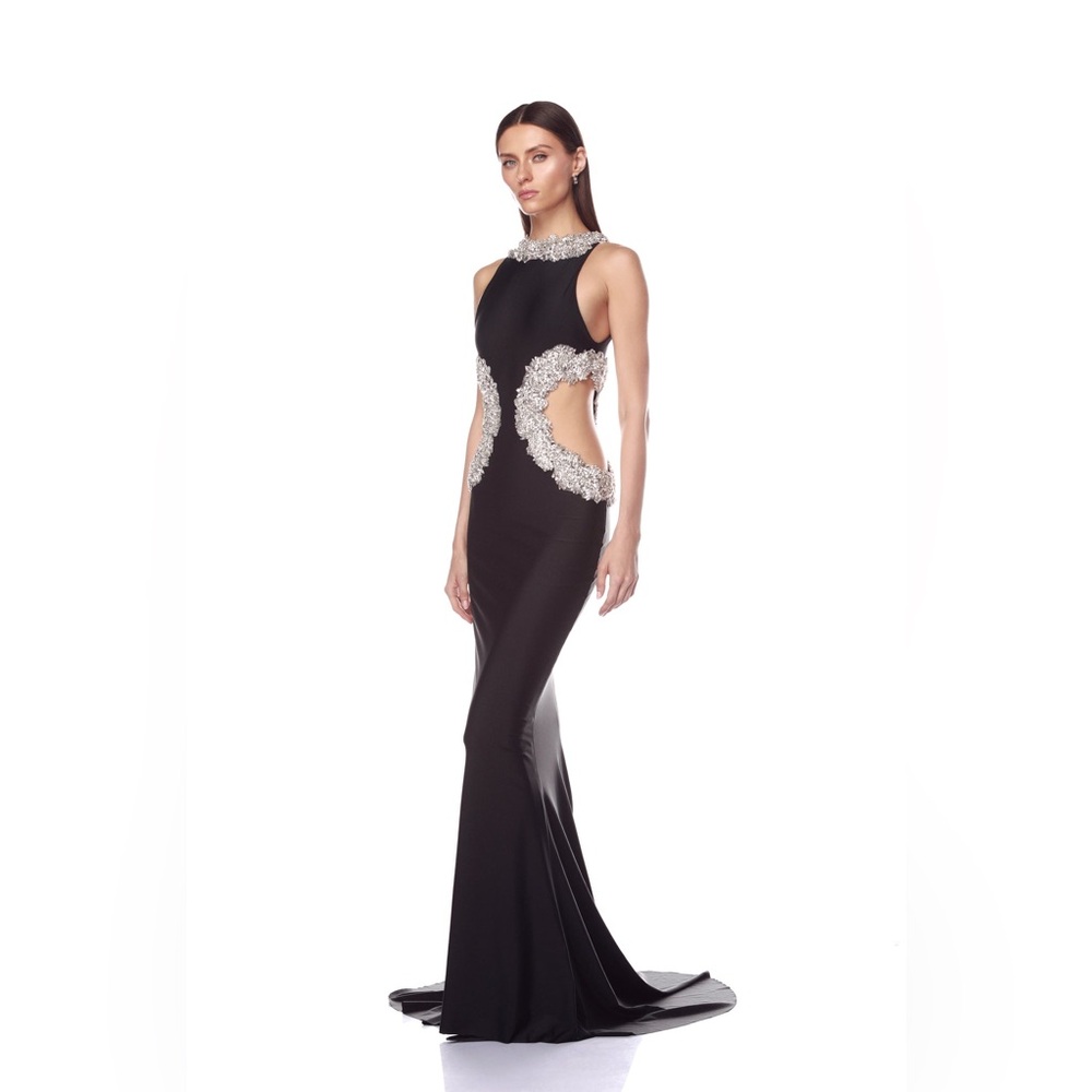 NWOT BRONX AND BANCO Camila Black Rhinestone Cutout Gown - Picture 4 of 15